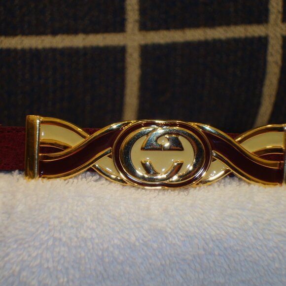 Gucci Burgundy Suede Gold Metal Interlocking G Buckle Skinny Belt (M) VERY GOOD! - Picture 2 of 13
